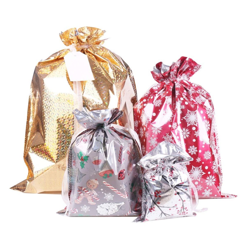 WesGen Christmas Gift Bags,40Pcs Santa Wrapping Bag in 4 Sizes and 4 Designs with Inserted Drawstring Ribbons and Tags for Wrapping Holiday