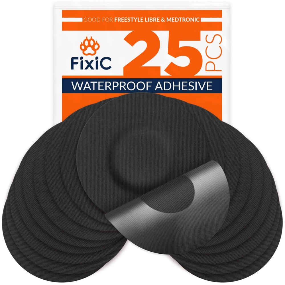 Fixic Freestyle Adhesive Patch 25 PCS - Good for Libre 1, 2, 3 & Plus - Enlite - Guardian - NO Glue in The Center of The Patch - Pre-Cut Back Paper - Long Fixation for Your Sensor! (Black)