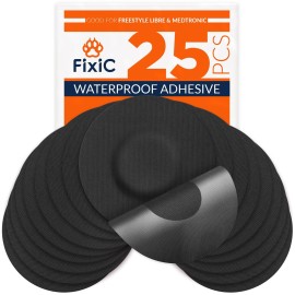 Fixic Freestyle Adhesive Patch 25 PCS - Good for Libre 1, 2, 3 & Plus - Enlite - Guardian - NO Glue in The Center of The Patch - Pre-Cut Back Paper - Long Fixation for Your Sensor! (Black)