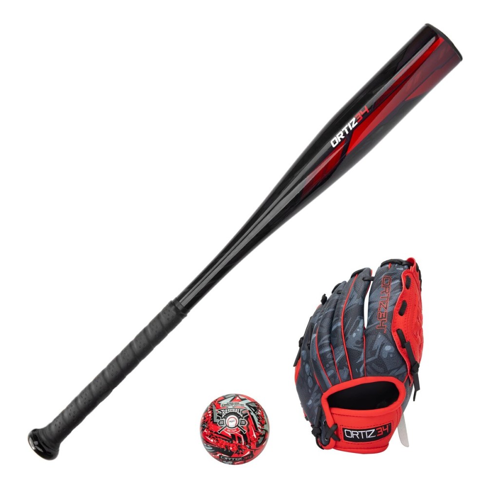 Ortiz34 Homerun Kids Tee Ball Set- David Ortiz 3-in-1 Aluminum Baseball Bat, Baseball, & Youth Baseball Glove Bundle (Made for Youth/Kids) (Red)