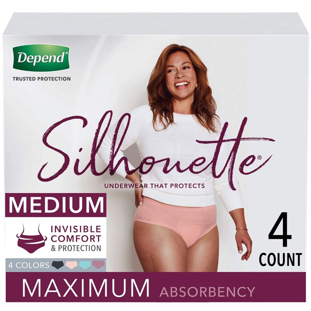 Depend Silhouette Incontinence and Postpartum Underwear for Women, Maximum Absorbency, Disposable, Medium, Pink/Black/Teal/Berry, 4 Count