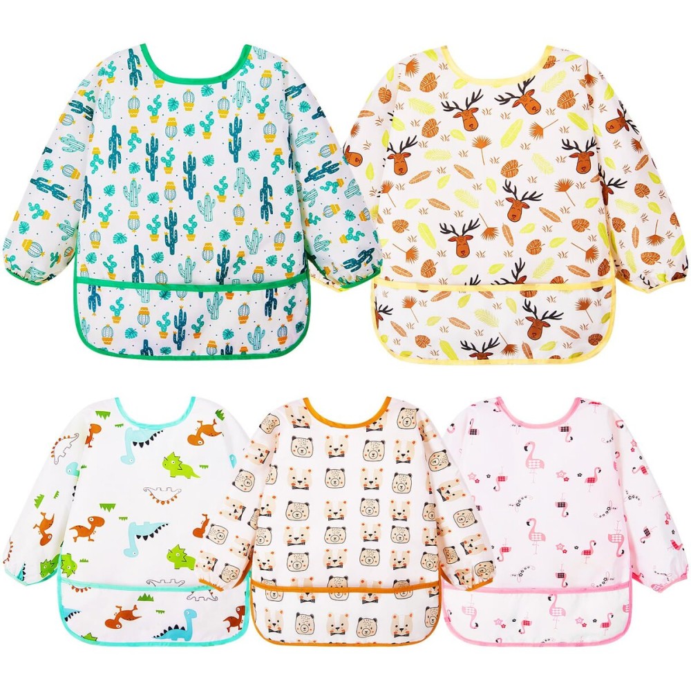 Lictin Long Sleeve Bibs 5 Pack - Baby Bibs for Girl or Boy, 3-5 Years Neutral Baby Smock for Eating, Reusable Infant for Feeding Teething or Weaning