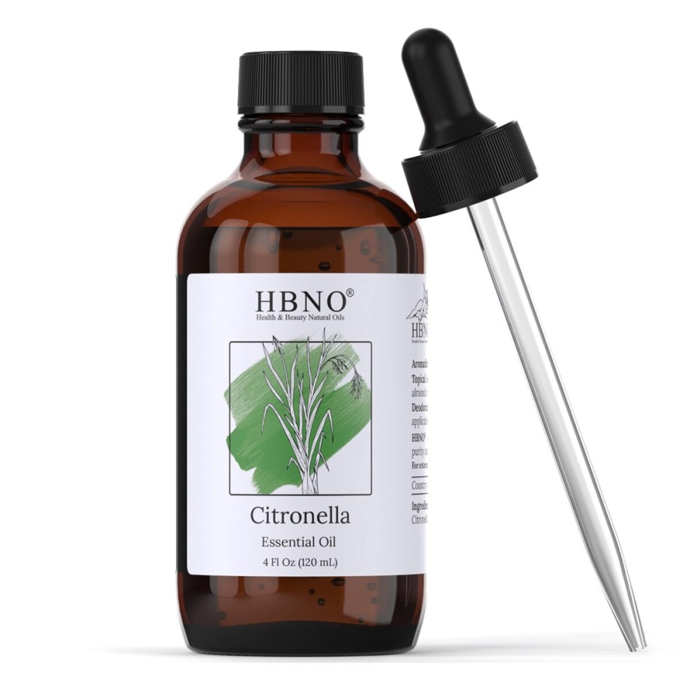 HBNO California Bottled Citronella Essential Oil 4 fl oz (120ml) - Natural Citronella Oil - Perfect for Cleaning, Aromatherapy, DIY, Soap & Diffuser -