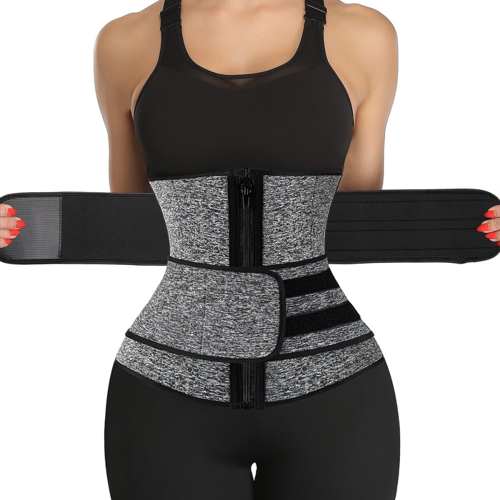 KIWI RATA Neoprene Sauna Waist Trainer Corset Sweat Belt with 2 Straps for Women Sweat Band Compression Cincher Workout Fitness Trimmer,1 Zipper Grey,X-Small