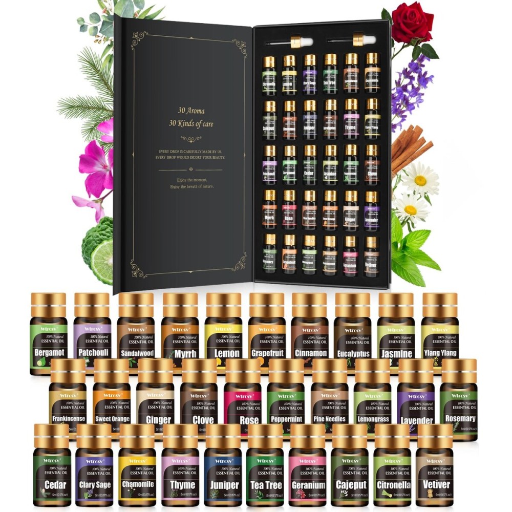 Wtrcsv Essential Oils Gifts Set - 30 Unique Scents - Perfect for Diffuser, Humidifier,Aromatherapy, Massage,Skin & Hair Care,30x5 ml