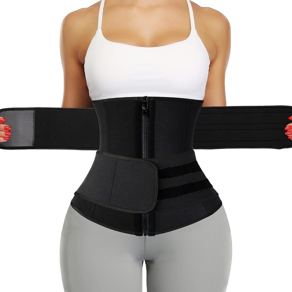 KIWI RATA Neoprene Sauna Waist Trainer Corset Sweat Belt with 2 Straps for Women Sweat Band Compression Cincher Workout Fitness Trimmer,1 Zipper Black,X-Small