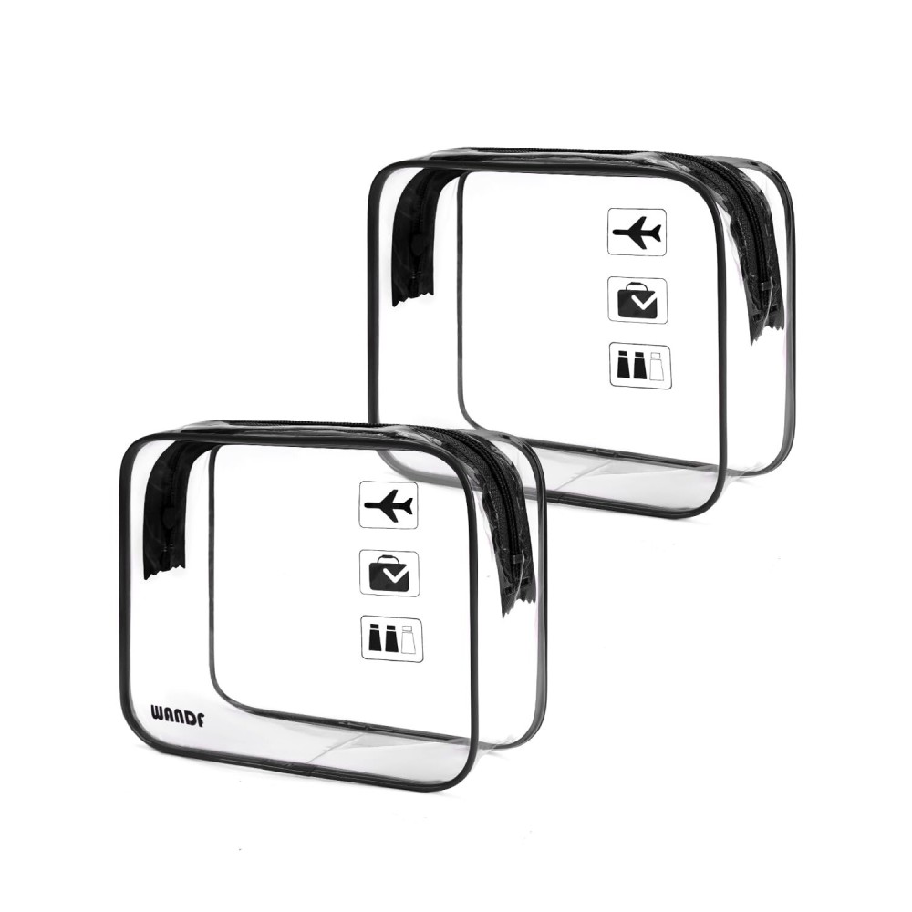 WANDF TSA Approved Toiletry Bag, 2 Packs Travel Clear Toiletry Bag, Quart Size Makeup Cosmetic Pouch with Zipper, Carry-On Airport Compliant Bag for Women and Men (2 pcs, Black)