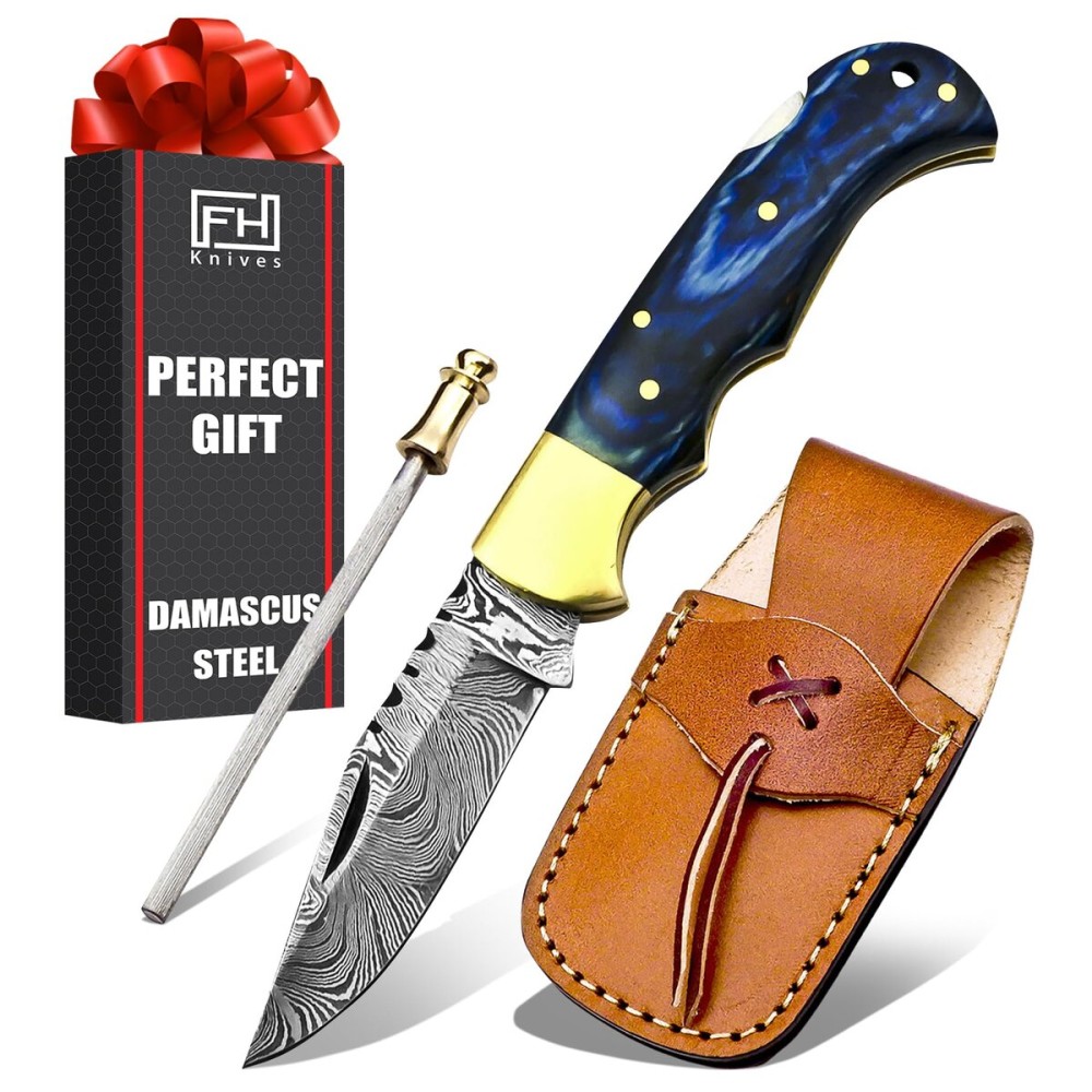 6.5 Inch Handmade Damascus Pocket Knife for Men - Damascus Steel Folding Knife with Sheath - Back Lock Pocket Knives for Men Christmas Gift for husband, boyfriend, Dad, brother