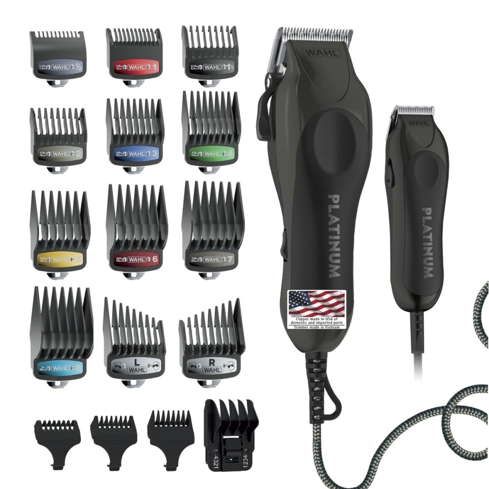Wahl USA Pro Series Platinum Corded Clipper & Corded Trimmer for Home Haircutting with Color Coded Guide Combs - Model 79804-100