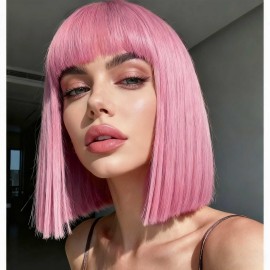 YOUNIGA Pink Bob Wig With Bangs 12 Inch Short Bob wig for Women Short Bob Wigs Synthetic Fiber Bob Wigs and Halloween Cosplay Wig for Daily Life Colorful Wigs With One Cap (Pink)