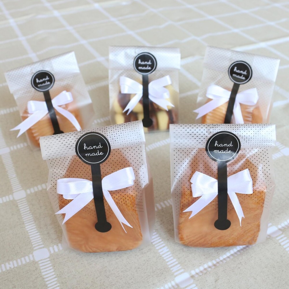 Cookie Bags for Packaging, Searik Translucent Plastic Cellophane Pastry Treat Bags for Party Gift Giving Bakery Bread Candy Chocolate Wrapping Goods with Stickers and Ribbon (3.5 x 8.8 Inches, 80 Pcs)