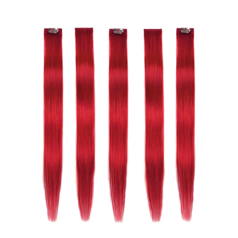 Winsky Red Hair Extensions Clip in Human Hair - 100% Straight Party Highlights Clip on Colored Hair Extensions 5 Pieces/Set (18inch,Red)