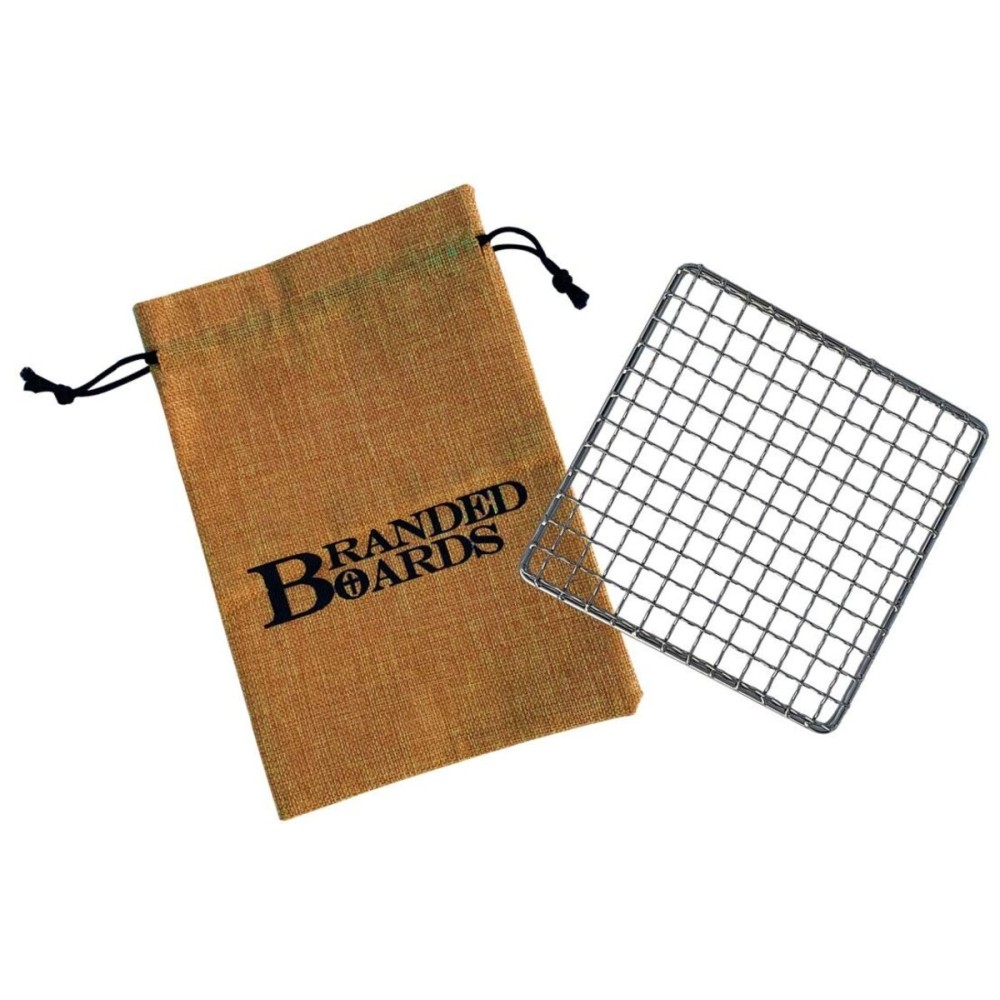 Branded Boards Portable Bushcraft Stainless BBQ Small Cooking Grill Grate & Burlap Hemp Drawstring Bag, Camping, Campfires Backpacking, Hunting & Fishing. (Small Grill & Bag ONLY)