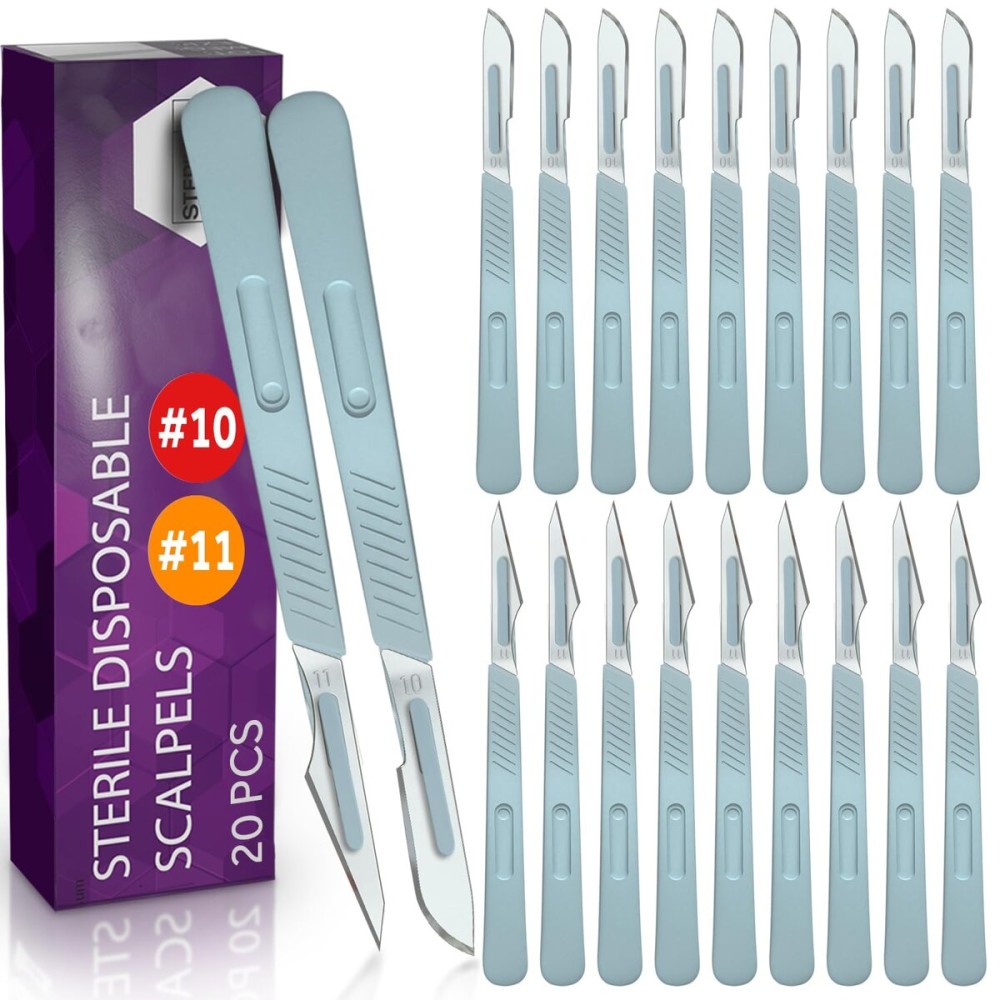 Disposable 10 and 11 Scalpel Blades, Pack of 20 Dermaplaning Blades w. Plastic Handle, Surgical Knife Scalpel, Carbon Steel Dermablade Surgical Blades Individually Wrapped 10x10, 10x11 Blade