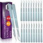 Disposable 10 and 11 Scalpel Blades, Pack of 20 Dermaplaning Blades w. Plastic Handle, Surgical Knife Scalpel, Carbon Steel Dermablade Surgical Blades Individually Wrapped 10x10, 10x11 Blade