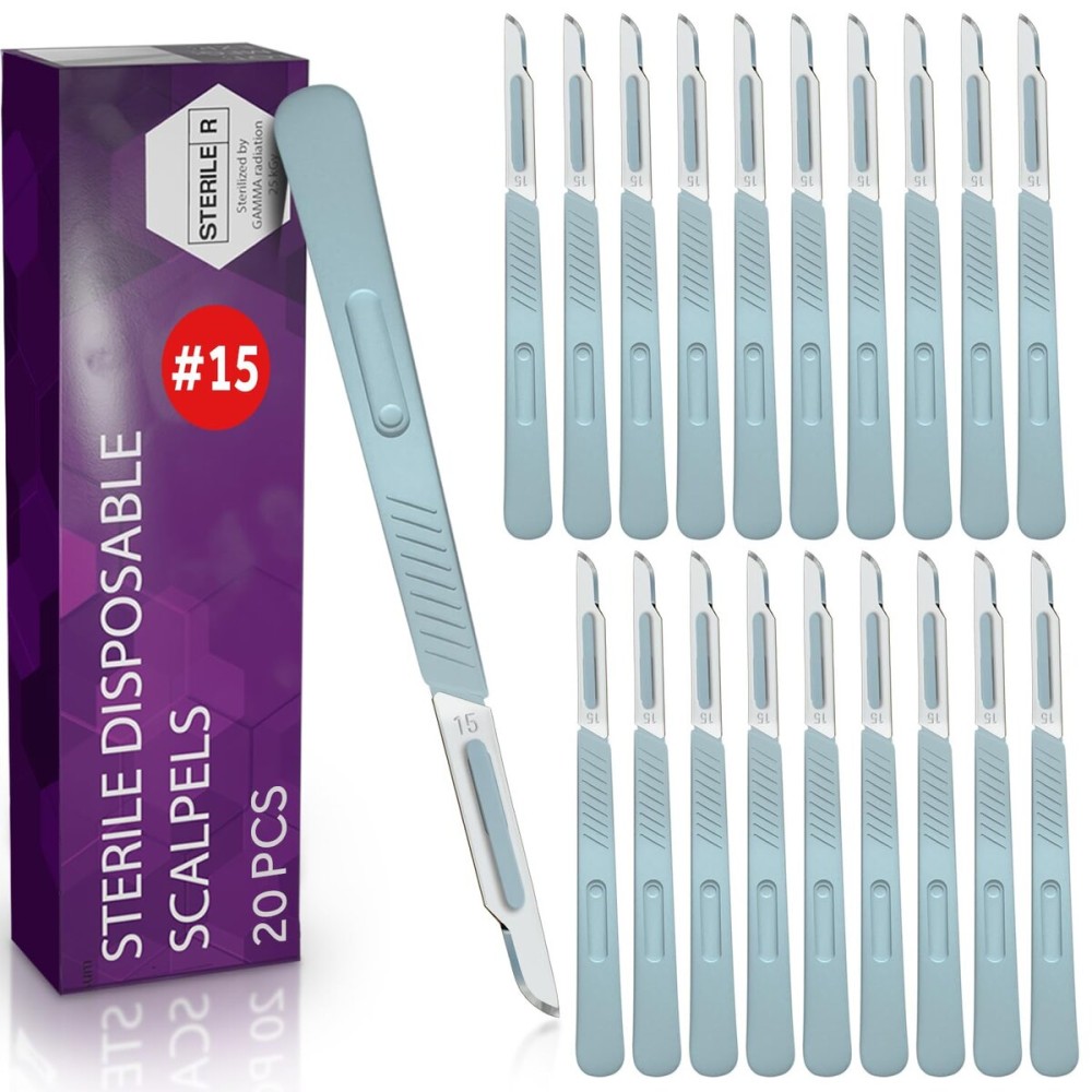 Disposable 15 Scalpel Blades, Sterile Pack of 20 Dermaplaning Blades with Plastic Scalpel Handle, Surgical Knife Scalpel for School Science, High Carbon Steel Dermablade Surgical Blades