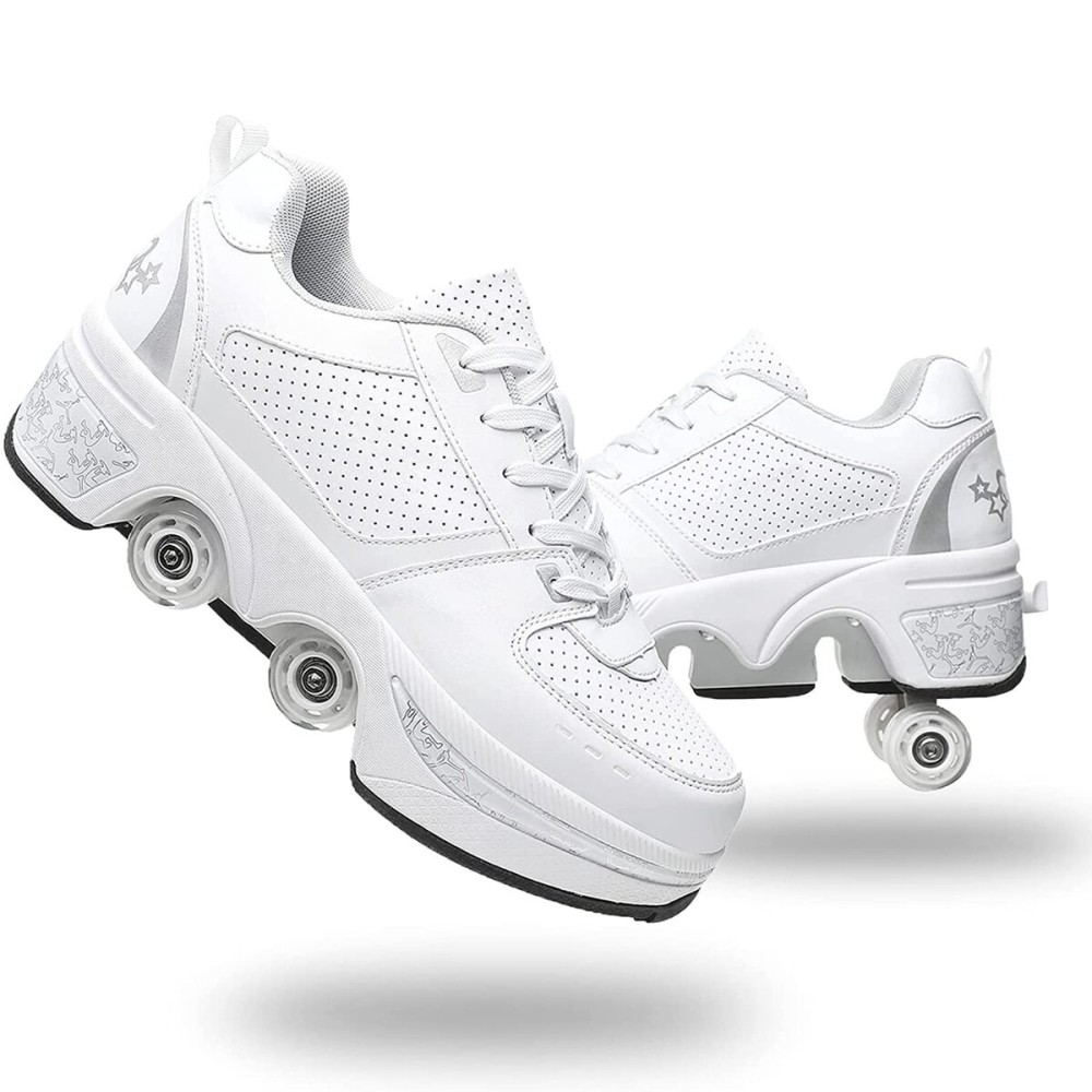 Double-Row Deform Wheel Automatic Walking Shoes Invisible Deformation Roller Skate 2 in 1 Removable Pulley Skates Skating Parkour (White Silver, US 9.5)