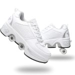 Double-Row Deform Wheel Automatic Walking Shoes Invisible Deformation Roller Skate 2 in 1 Removable Pulley Skates Skating Parkour (White Silver, US 9.5)