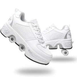 Double-Row Deform Wheel Automatic Walking Shoes Invisible Deformation Roller Skate 2 in 1 Removable Pulley Skates Skating Parkour (White Silver, US 5)