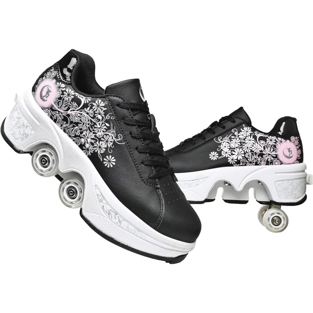 Double-Row Deform Wheel Automatic Walking Shoes Invisible Deformation Roller Skate 2 in 1 Removable Pulley Skates Skating Parkour (Black Powder, US 5.5)