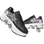 Double-Row Deform Wheel Automatic Walking Shoes Invisible Deformation Roller Skate 2 in 1 Removable Pulley Skates Skating Parkour (Black Powder, US 5.5)