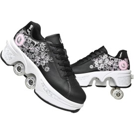 Double-Row Deform Wheel Automatic Walking Shoes Invisible Deformation Roller Skate 2 in 1 Removable Pulley Skates Skating Parkour (Black Powder, US 5.5)