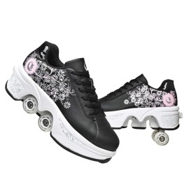 Double-Row Deform Wheel Automatic Walking Shoes Invisible Deformation Roller Skate 2 in 1 Removable Pulley Skates Skating Parkour (Black Powder, US 6.5)