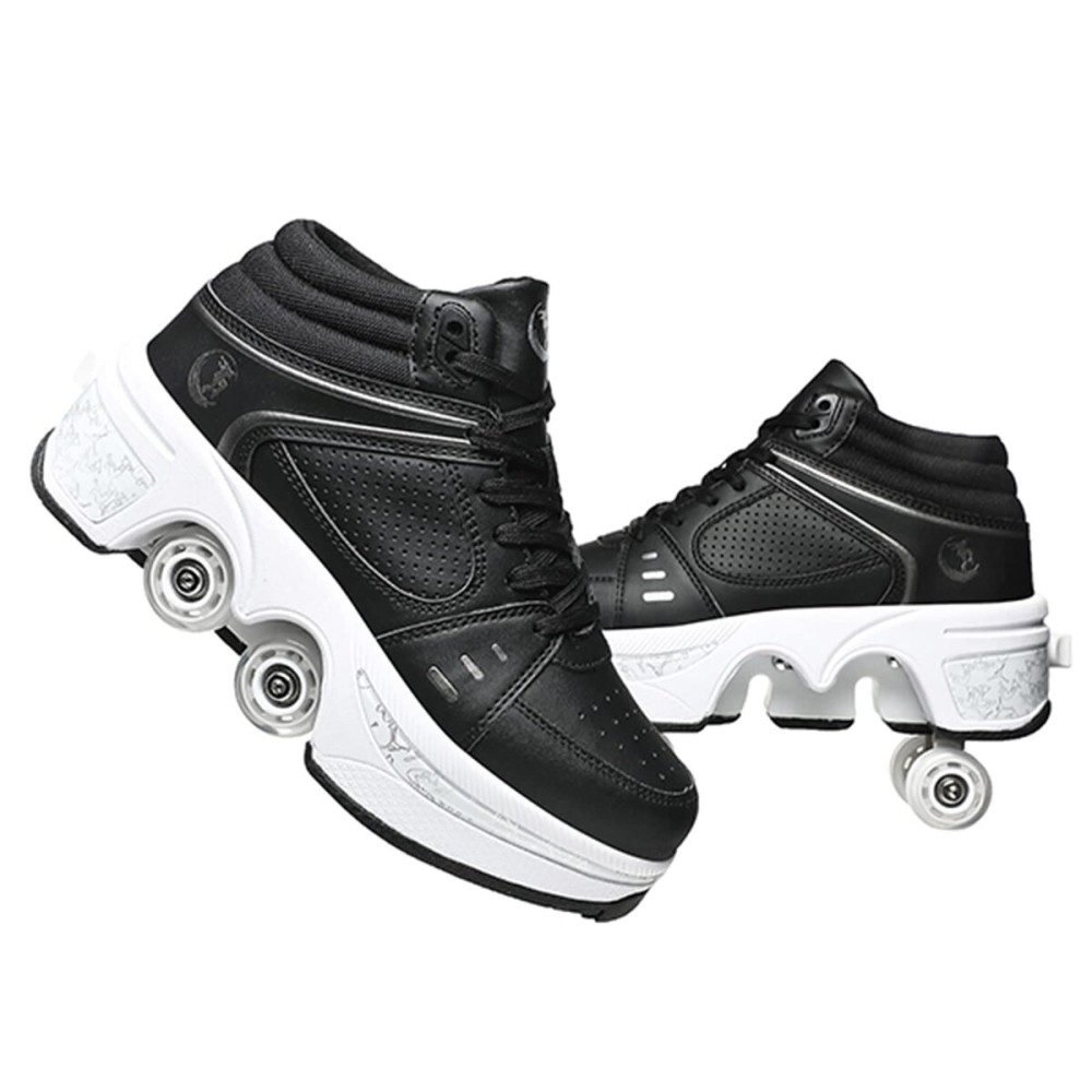 Double-Row Deform Wheel Automatic Walking Shoes Invisible Deformation Roller Skate 2 in 1 Removable Pulley Skates Skating Parkour (Black high, US 5.5)