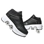 Double-Row Deform Wheel Automatic Walking Shoes Invisible Deformation Roller Skate 2 in 1 Removable Pulley Skates Skating Parkour (Black high, US 5.5)