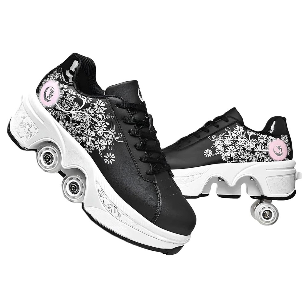 Double-Row Deform Wheel Automatic Walking Shoes Invisible Deformation Roller Skate 2 in 1 Removable Pulley Skates Skating Parkour (Black Powder, US 10.5)