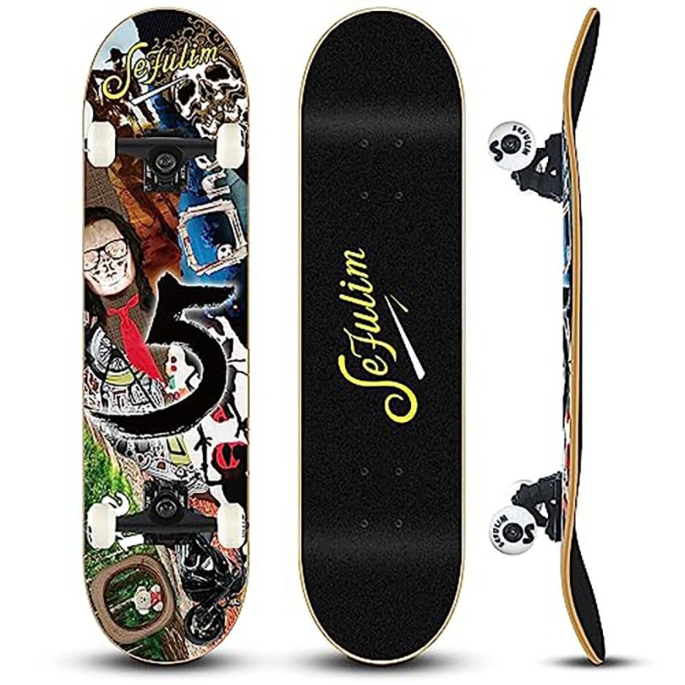 Sefulim 31 x 8 Inch Complete Skateboard 7 Layer Canadian Maple Double Kick Deck Concave Cruiser Trick Skateboard for Boys Girls Teens Adults Beginner
