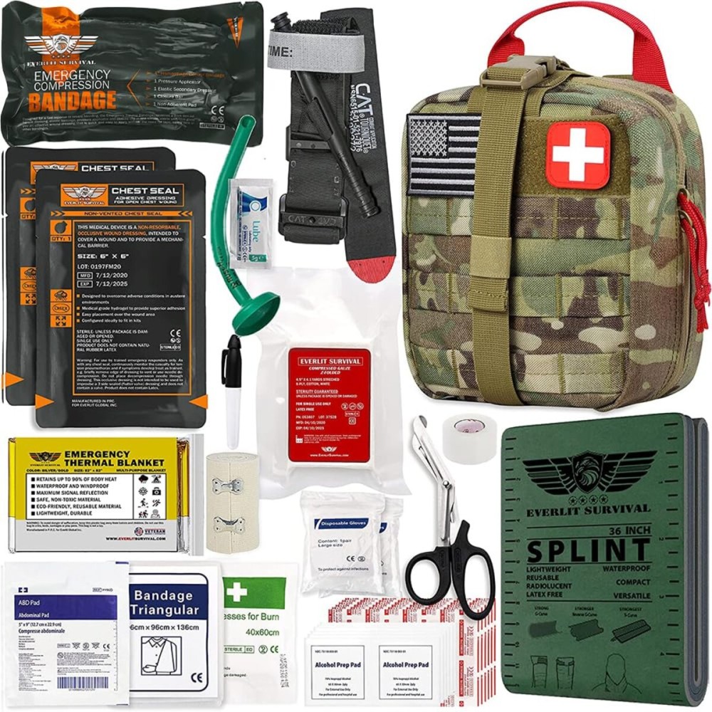EVERLIT Advanced Emergency Trauma Kit, CAT GEN-7 Tourniquet Mil-Spec Nylon Laser Cut Pouch with 36 Splint, Military Combat Tactical IFAK for First Aid Response Bleeding Control (Multicam)