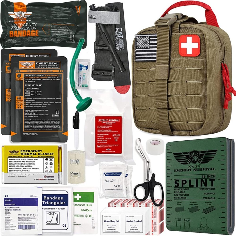 EVERLIT Advanced Emergency Trauma Kit, CAT GEN-7 Tourniquet Mil-Spec Nylon Laser Cut Pouch with 36 Splint, Military Combat Tactical IFAK for First Aid Response Bleeding Control (Coyote Brown)