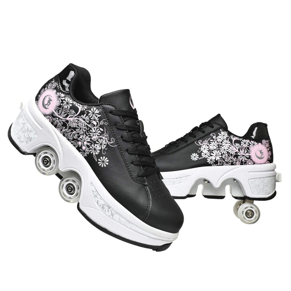 Double-Row Deform Wheel Automatic Walking Shoes Invisible Deformation Roller Skate 2 in 1 Removable Pulley Skates Skating Parkour (Black Powder, US 9.5)