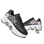 Double-Row Deform Wheel Automatic Walking Shoes Invisible Deformation Roller Skate 2 in 1 Removable Pulley Skates Skating Parkour (Black Powder, US 9.5)