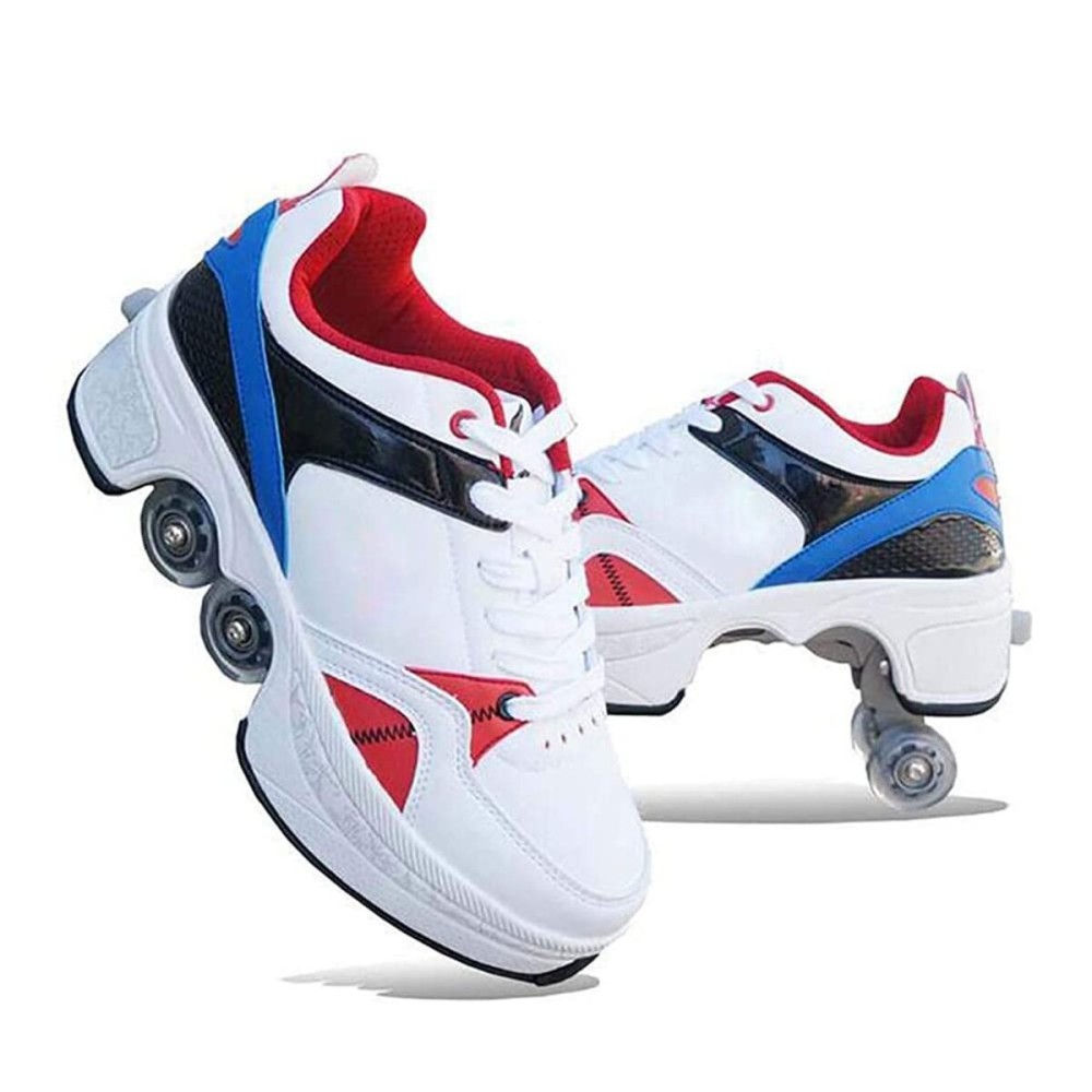 Double-Row Deform Wheel Automatic Walking Shoes Invisible Deformation Roller Skate 2 in 1 Removable Pulley Skates Skating Parkour (White Blue, US 5)