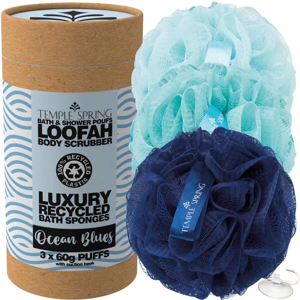 Temple Spring Recycled Luffa Sponge, Bathroom Shower Accessories, Loofa Bath Sponge, Exfoliating Body Scrubber Exfoliator Pouf, Shower Scrubber Puff, Poof, Loofah for Women, Loofah for Men -Ocean Blue