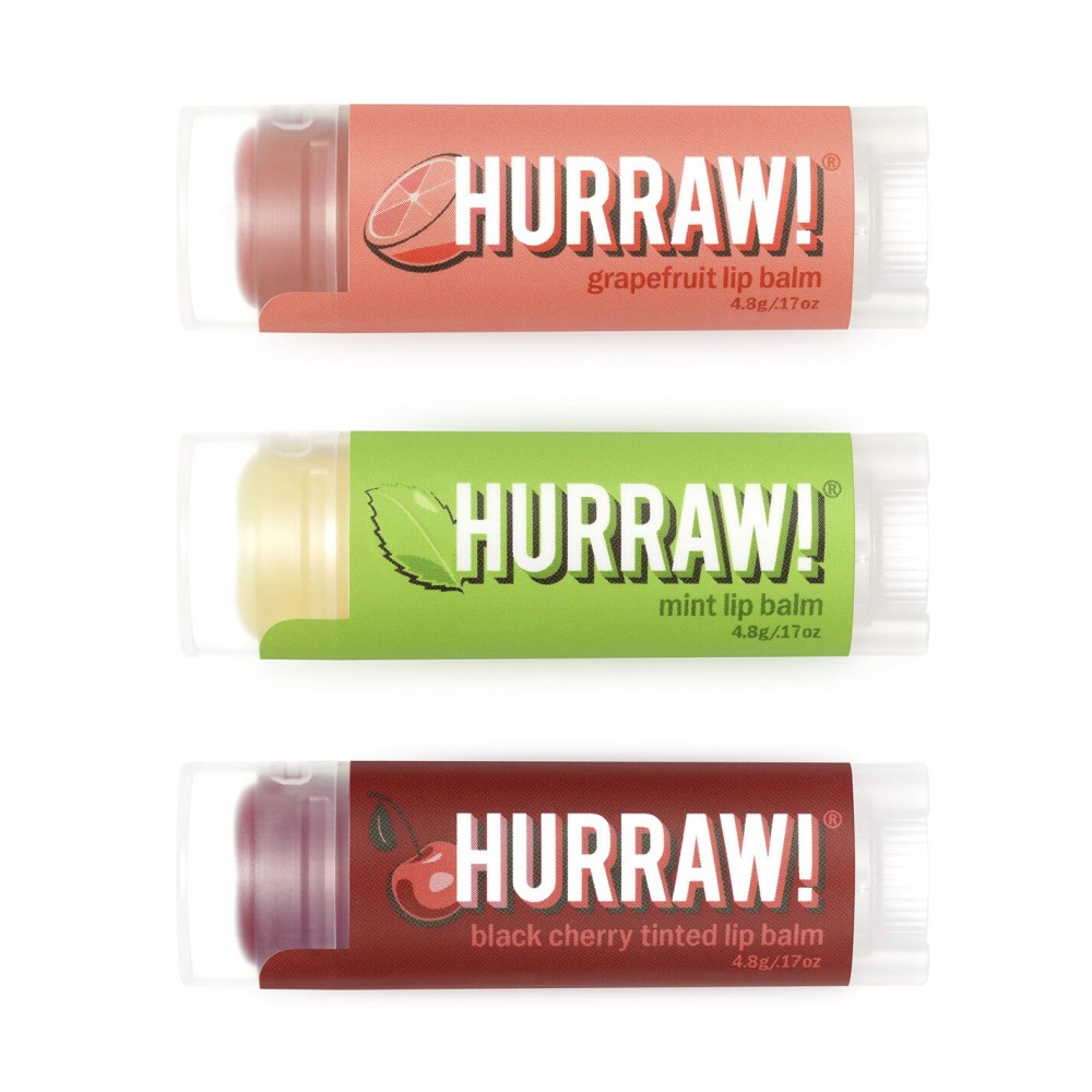 Hurraw! Grapefruit, Mint, Black Cherry Tinted Lip Balms, 3 Pack Bundle: Organic, Certified Vegan, Cruelty and Gluten Free. Non-GMO, 100% Natural. Bee, Shea, Soy & Palm Free. Made in USA