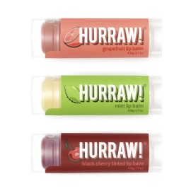 Hurraw! Grapefruit, Mint, Black Cherry Tinted Lip Balms, 3 Pack Bundle: Organic, Certified Vegan, Cruelty and Gluten Free. Non-GMO, 100% Natural. Bee, Shea, Soy & Palm Free. Made in USA