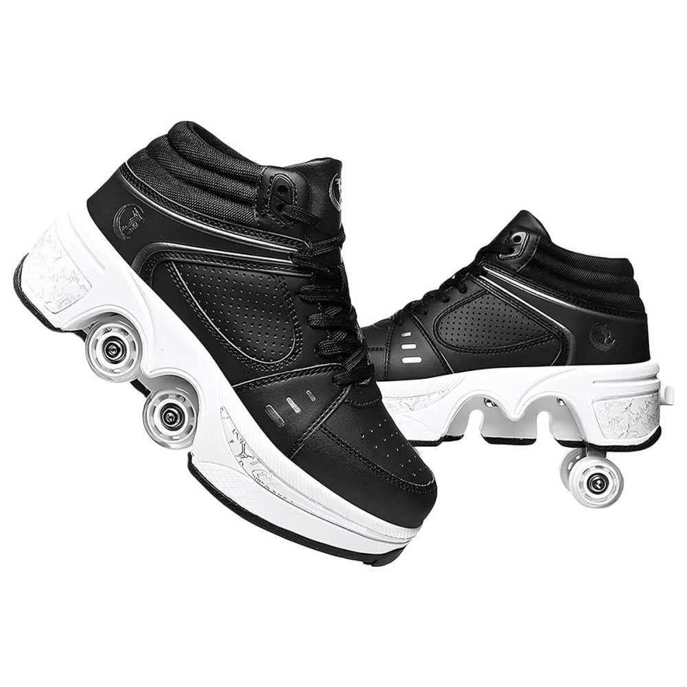 Double-Row Deform Wheel Automatic Walking Shoes Invisible Deformation Roller Skate 2 in 1 Removable Pulley Skates Skating Parkour (Black high, US 7.5)