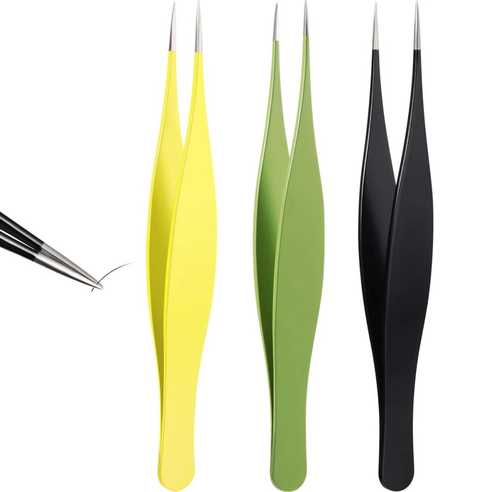 3 Pcs Tweezers for Ingrown Hair Remover Sharp Blackhead Remover Stainless Steel Tweezers Precision Eyebrow and Shards(Black, Yellow, Green)