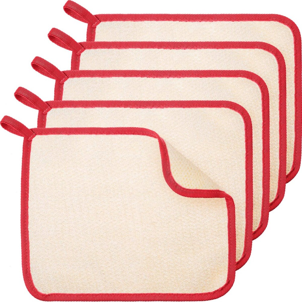 Tatuo 5 Pcs Exfoliating Face and Body Wash Cloths Towel Weave Bath Exfoliating Scrub Massage Bath Cloth for Women and Men, 10.63 x 9.05 Inch(Red Edge)