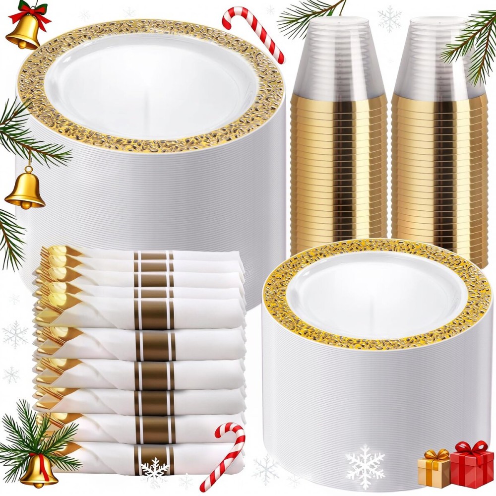 WELLIFE 50 Guests Dinnerware Sets, Gold Plastic PlatesPlatos Para Fiestas Elegantes Desechables Include:50 Dinner Plates, 50 Dessert Plate, 150 Pcs Gold Plastic Silverware, 50 Cups for Party