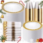 WELLIFE 50 Guests Dinnerware Sets, Gold Plastic PlatesPlatos Para Fiestas Elegantes Desechables Include:50 Dinner Plates, 50 Dessert Plate, 150 Pcs Gold Plastic Silverware, 50 Cups for Party