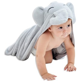 HIPHOP PANDA Hooded Towel - Rayon Made from Bamboo, Bath Towel with Bear Ears for Newborn, Babie, Toddler, Infant - Absorbent Large Baby Towel - Grey Elephant, 30 x 40 Inch