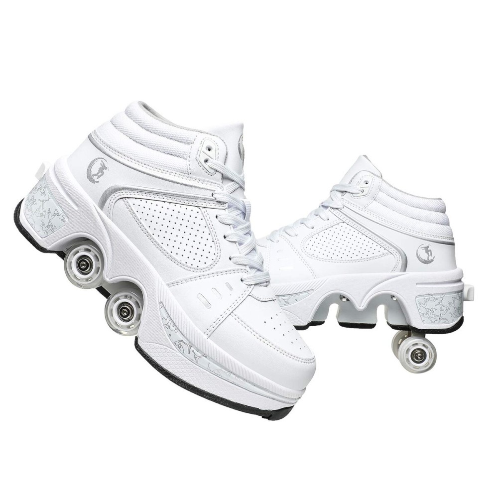 Double-Row Deform Wheel Automatic Walking Shoes Invisible Deformation Roller Skate 2 in 1 Removable Pulley Skates Skating Parkour (White high, US 6.5)