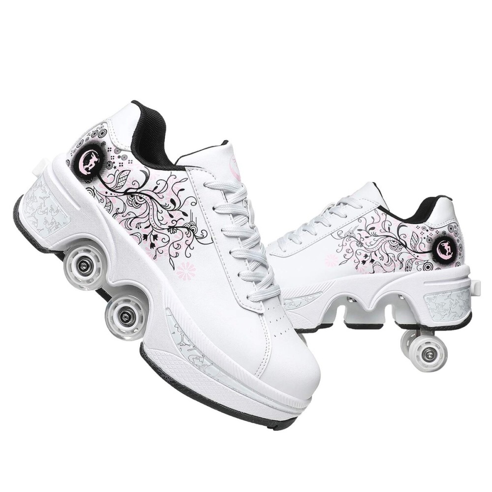 Double-Row Deform Wheel Automatic Walking Shoes Invisible Deformation Roller Skate 2 in 1 Removable Pulley Skates Skating Parkour (White Black Powder, US 10.5)