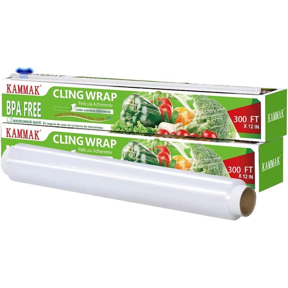 KAMMAK Plastic Wrap, Food Wrap with Slide Cutter, Cling Wrap 12 inch Food Service Clear Cling Film 2 Pack 300 Square FT Roll BPA-Free Microwave-Safe Kitchen Wrap Quick Cut Plastic Film