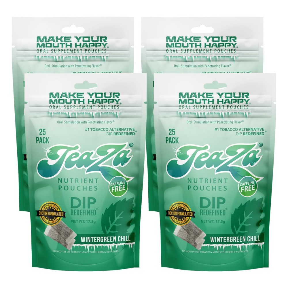 TeaZa Herbal Energy Pouches Tobacco Free Dip Nicotine Free, Alternative Snuff Healthy Chewing Dipping Alternative, Wintergreen Chill (4 Pack) No Caffeine Refreshing Cool Flavor