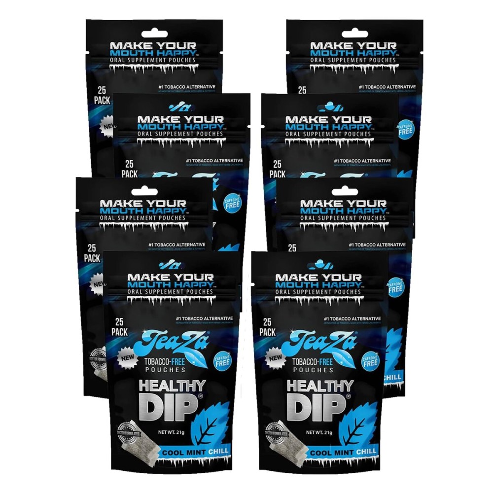 Teaza Herbal Energy Pouches Tobacco Alternative Nicotine Free Dip, Alternative Snuff and Healthy Dip Pouches, Cool Mint Chill (8 Pack) Tobacco Free Chew Premium Crisp Minty Flavor